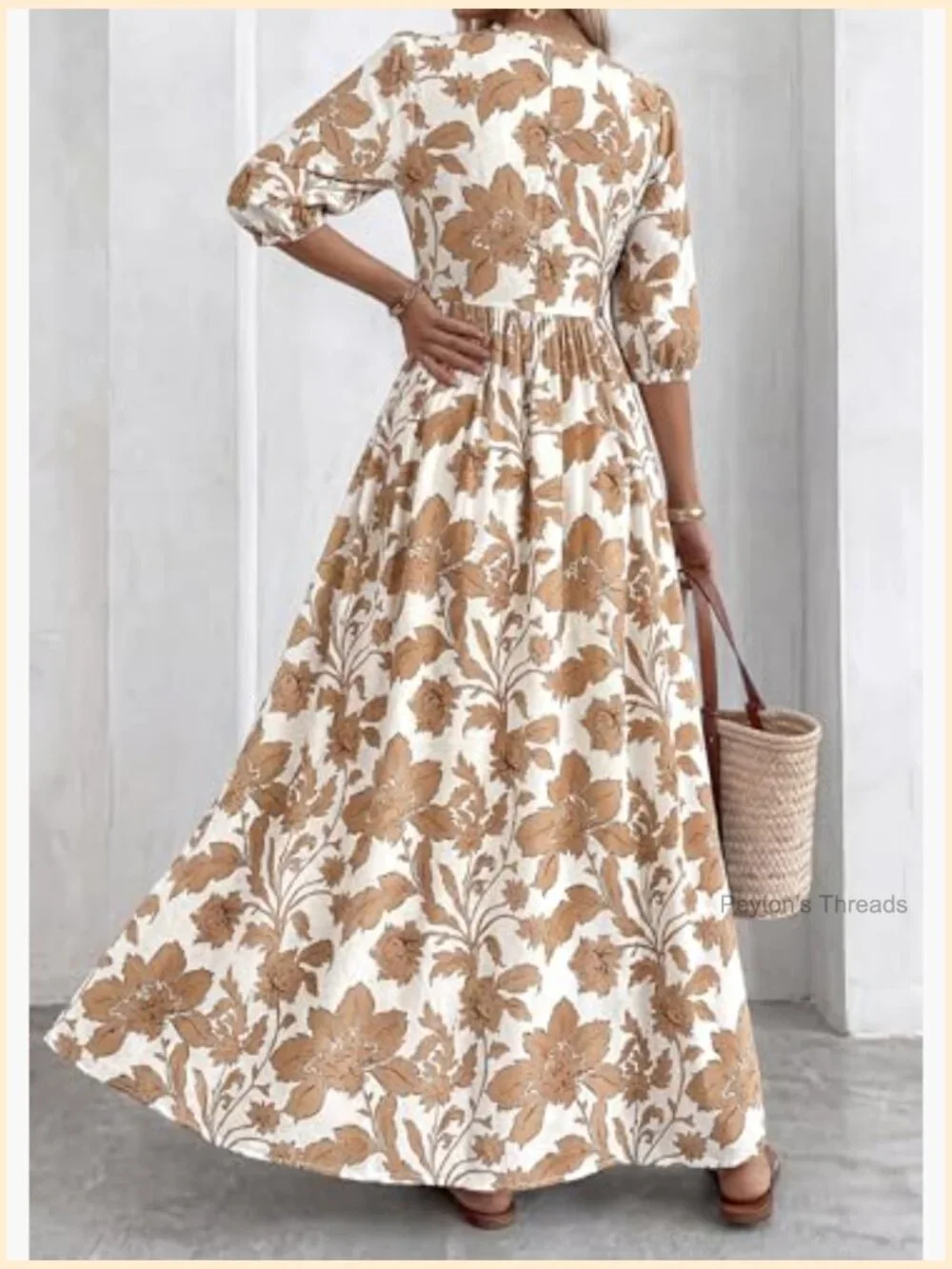 Boho Floral 3/4 Sleeve Flowy Maxi Dress with Pockets - Picture 6 of 7